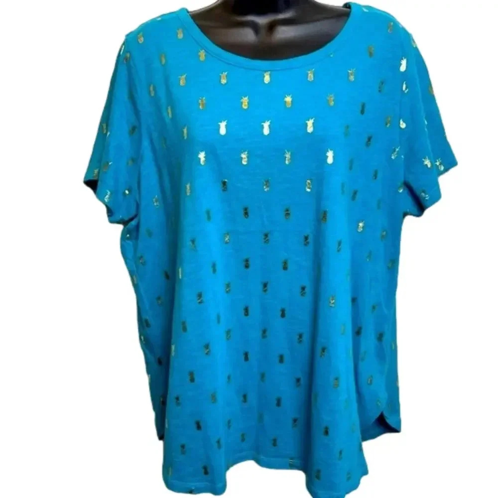 LANEBRYANT teal‎ shirt with gold pineapple print throughout.